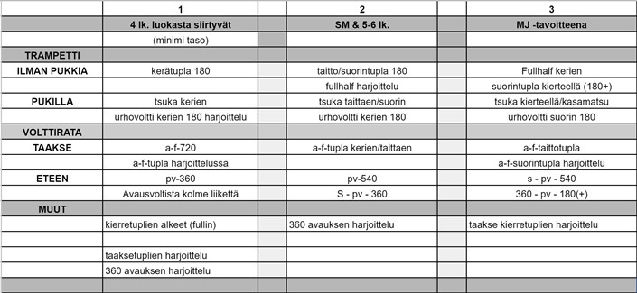 TeamGymin SM-tason leirityksen tasotaulukko