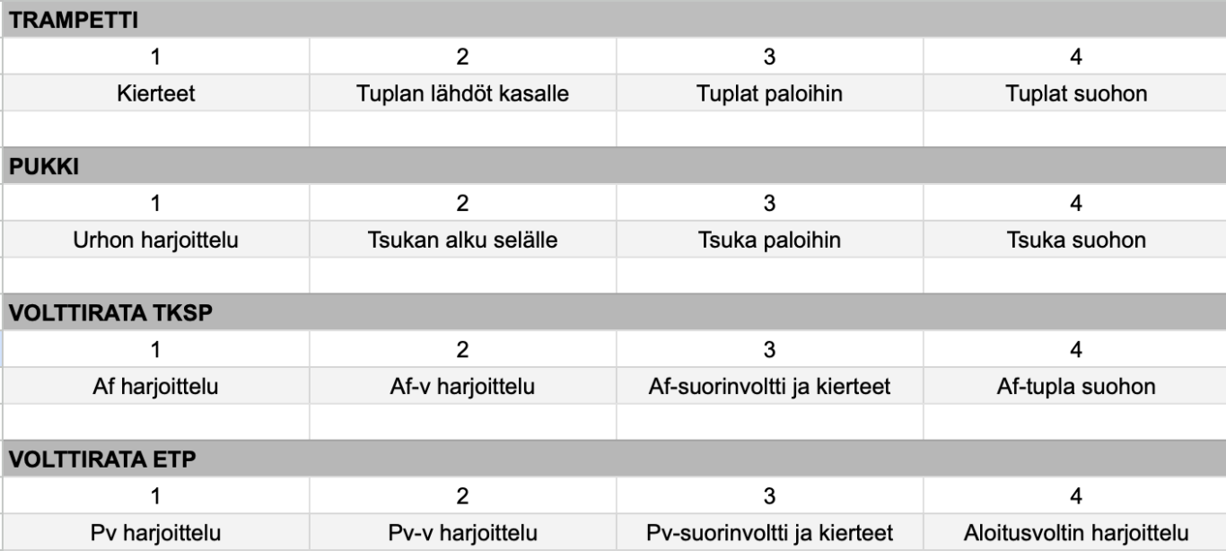 TeamGym lasten leirien harjoittelutavoitetaulukko