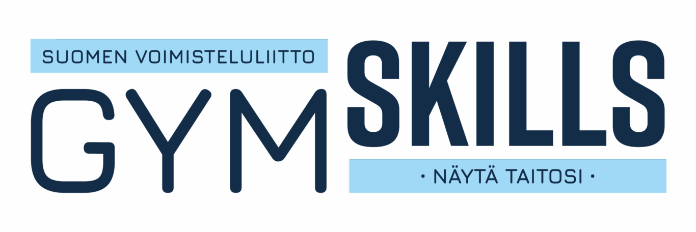 Gym Skills - Näytä taitosi tekstitunnus. Vasemmalla ylhäällä lukee Suomen voimisteluliitto sinisellä pohjalla ja sen alapuolella lukee isolla sana GYM. Oikealla puolella on isolla sana SKILLS ja sen alapuolella lukee sinisellä pohjalla slogan "Näytä taitosi".